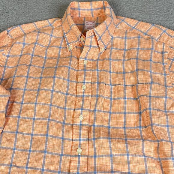 Brooks Brothers  Irish Linen Shirt Men L Blue Orange Plaid Button Long Sleeve - Picture 3 of 10